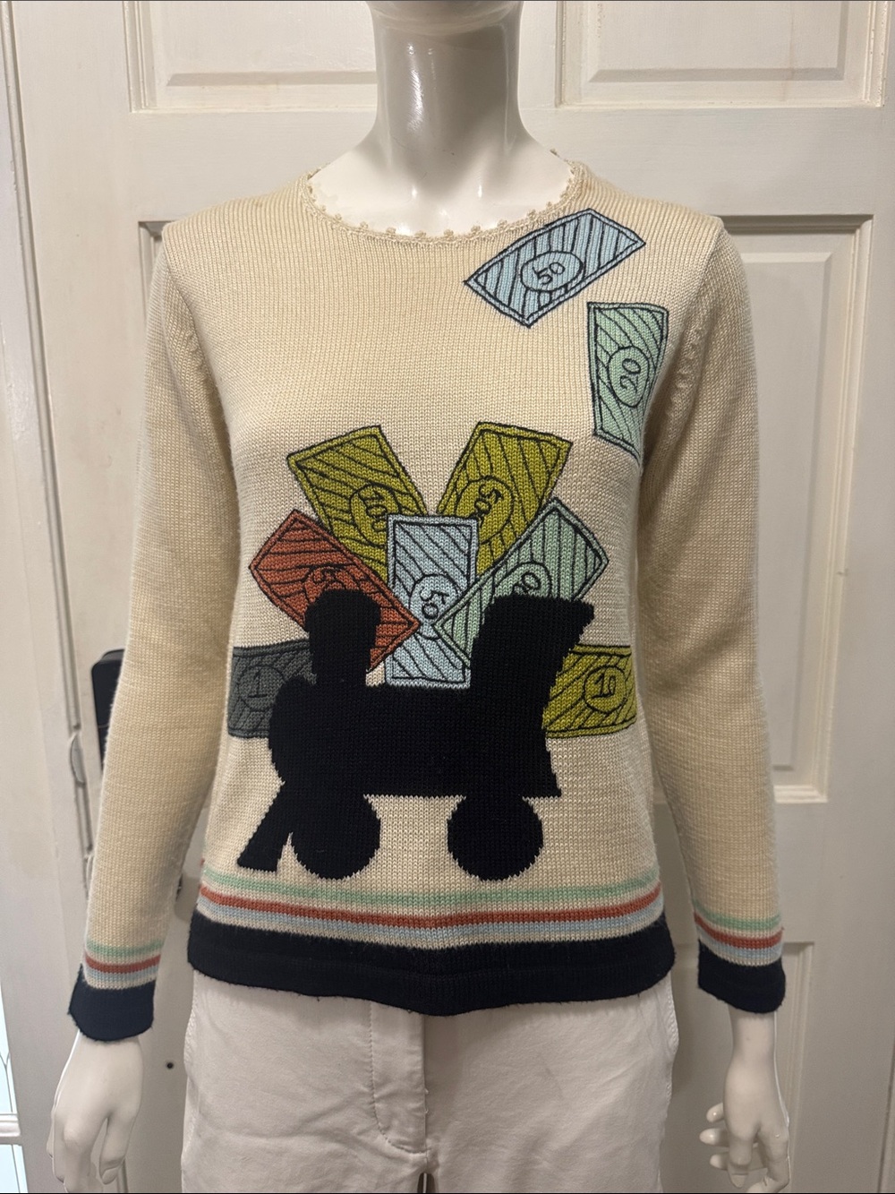 Vintage Unbranded Cotton Cream Graphic Crewneck Sweater Size Large